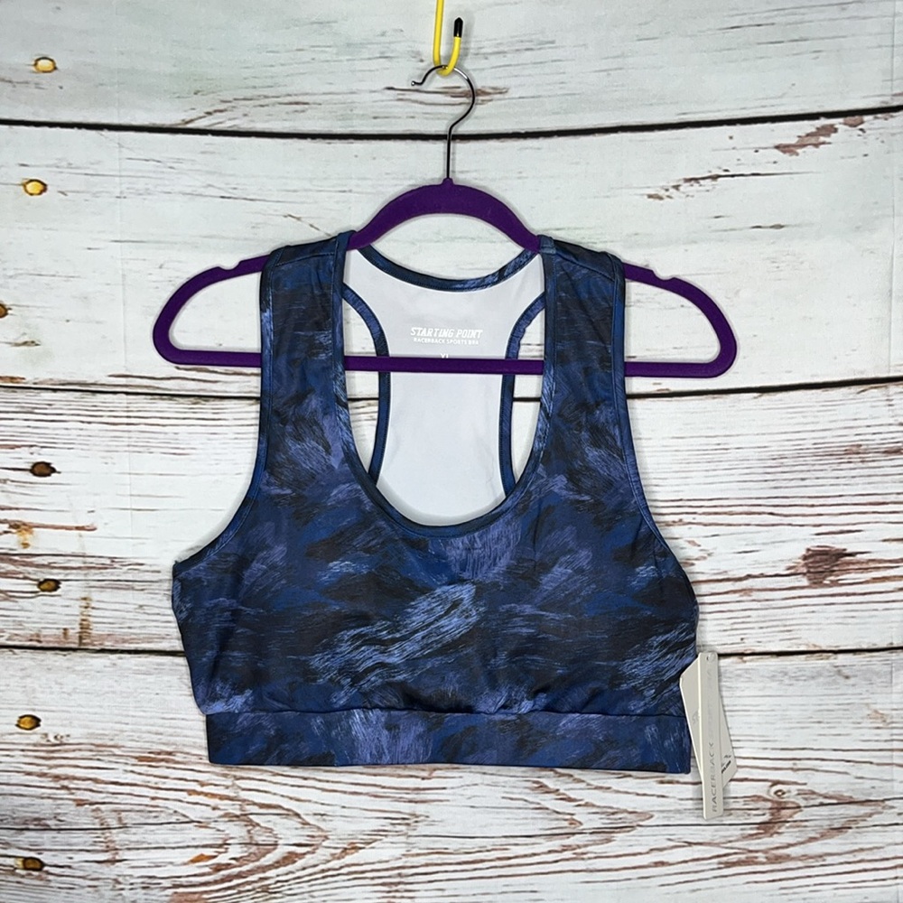 Starting Point NWT XL Blue & Black Abstract Print Racerback Athletic Sports Bra